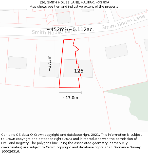 126, SMITH HOUSE LANE, HALIFAX, HX3 8XA: Plot and title map