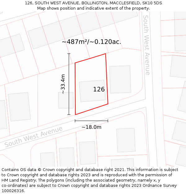 126, SOUTH WEST AVENUE, BOLLINGTON, MACCLESFIELD, SK10 5DS: Plot and title map