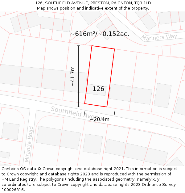 126, SOUTHFIELD AVENUE, PRESTON, PAIGNTON, TQ3 1LD: Plot and title map