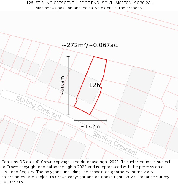 126, STIRLING CRESCENT, HEDGE END, SOUTHAMPTON, SO30 2AL: Plot and title map