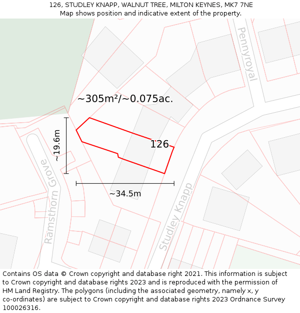 126, STUDLEY KNAPP, WALNUT TREE, MILTON KEYNES, MK7 7NE: Plot and title map