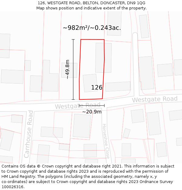 126, WESTGATE ROAD, BELTON, DONCASTER, DN9 1QG: Plot and title map