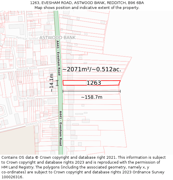 1263, EVESHAM ROAD, ASTWOOD BANK, REDDITCH, B96 6BA: Plot and title map