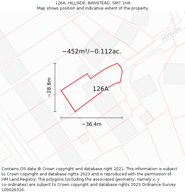 126A, HILLSIDE, BANSTEAD, SM7 1HA: Plot and title map