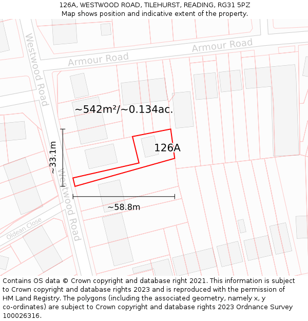 126A, WESTWOOD ROAD, TILEHURST, READING, RG31 5PZ: Plot and title map