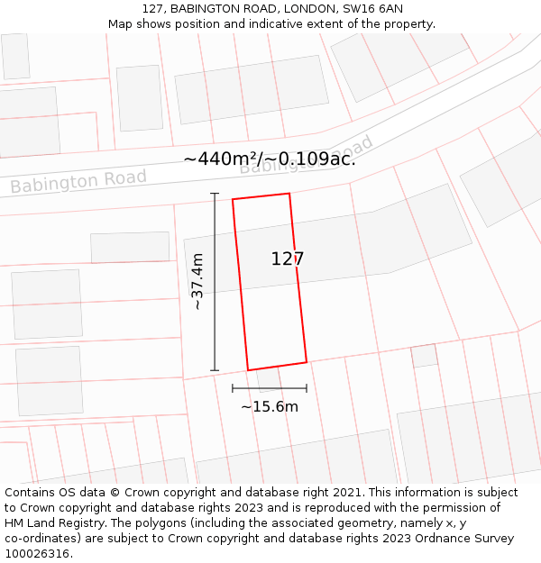 127, BABINGTON ROAD, LONDON, SW16 6AN: Plot and title map