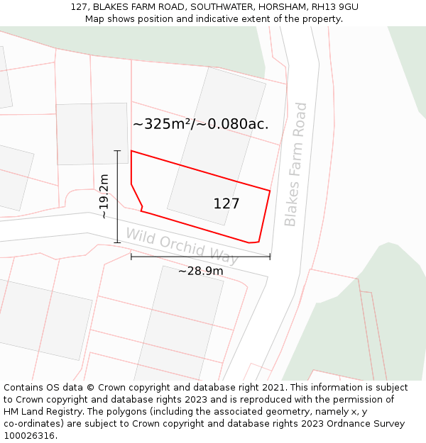 127, BLAKES FARM ROAD, SOUTHWATER, HORSHAM, RH13 9GU: Plot and title map