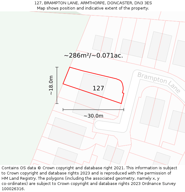 127, BRAMPTON LANE, ARMTHORPE, DONCASTER, DN3 3ES: Plot and title map
