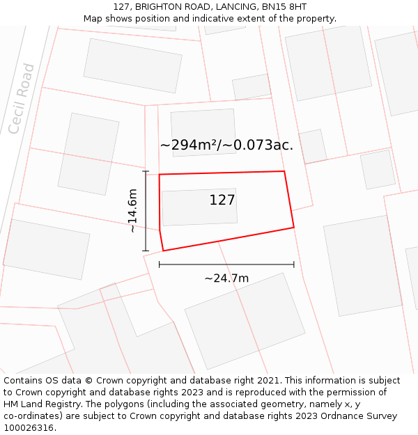 127, BRIGHTON ROAD, LANCING, BN15 8HT: Plot and title map