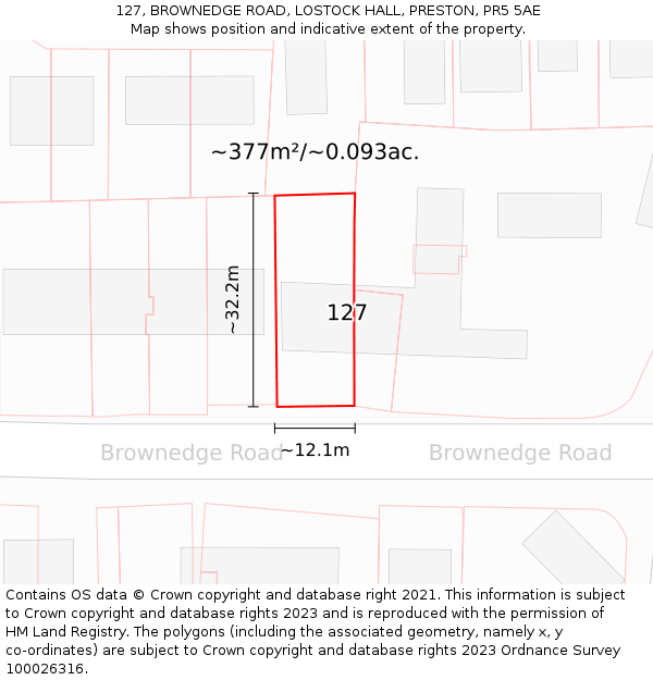 127, BROWNEDGE ROAD, LOSTOCK HALL, PRESTON, PR5 5AE: Plot and title map