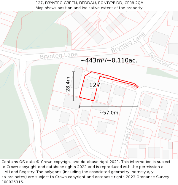 127, BRYNTEG GREEN, BEDDAU, PONTYPRIDD, CF38 2QA: Plot and title map
