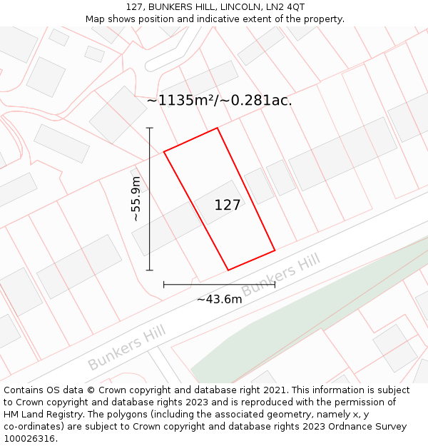 127, BUNKERS HILL, LINCOLN, LN2 4QT: Plot and title map