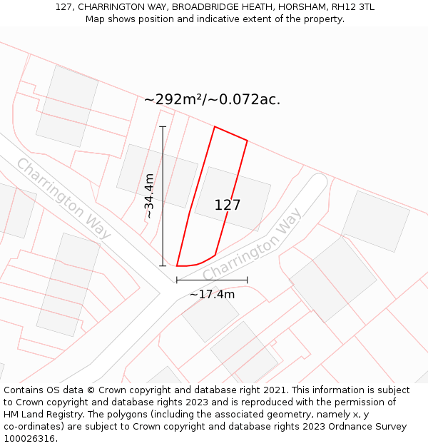 127, CHARRINGTON WAY, BROADBRIDGE HEATH, HORSHAM, RH12 3TL: Plot and title map