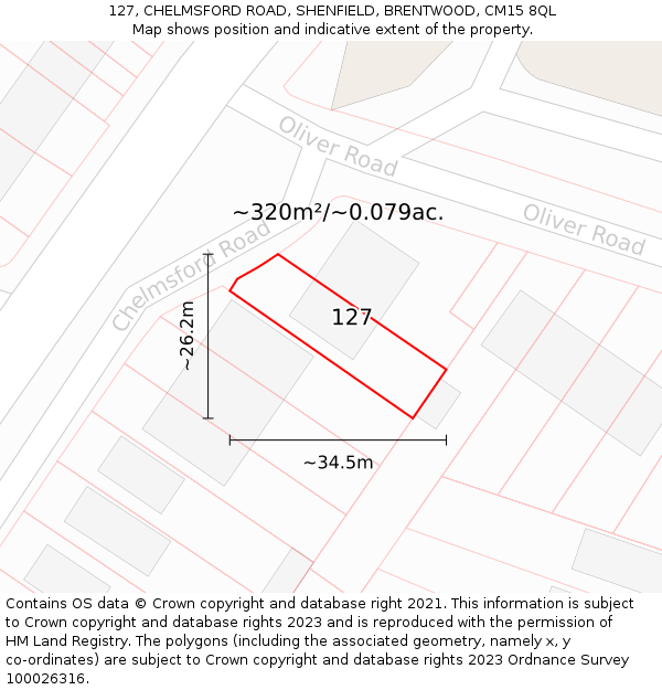127, CHELMSFORD ROAD, SHENFIELD, BRENTWOOD, CM15 8QL: Plot and title map