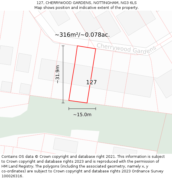 127, CHERRYWOOD GARDENS, NOTTINGHAM, NG3 6LS: Plot and title map