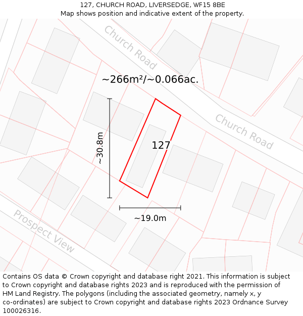 127, CHURCH ROAD, LIVERSEDGE, WF15 8BE: Plot and title map