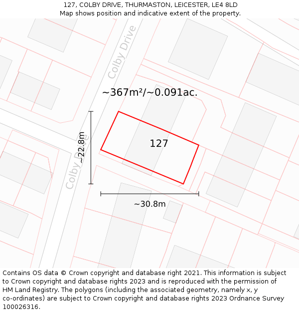 127, COLBY DRIVE, THURMASTON, LEICESTER, LE4 8LD: Plot and title map