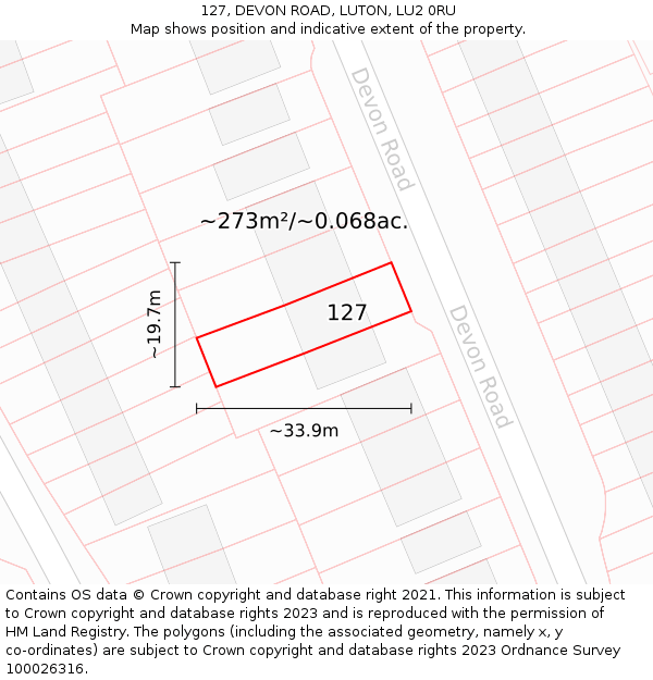 127, DEVON ROAD, LUTON, LU2 0RU: Plot and title map