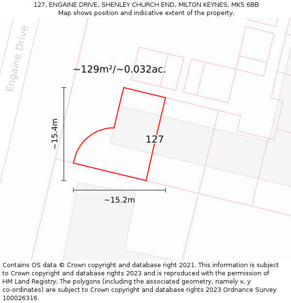 127, ENGAINE DRIVE, SHENLEY CHURCH END, MILTON KEYNES, MK5 6BB: Plot and title map