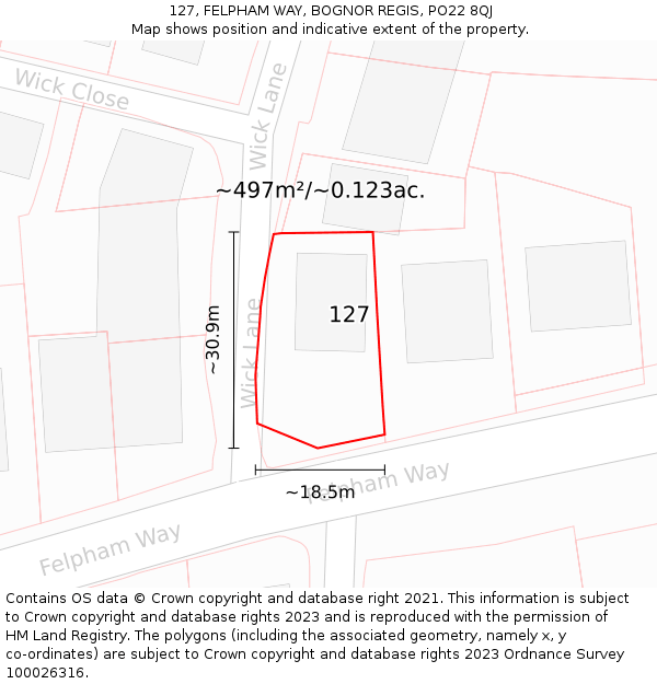 127, FELPHAM WAY, BOGNOR REGIS, PO22 8QJ: Plot and title map