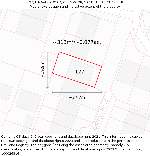 127, HARVARD ROAD, OWLSMOOR, SANDHURST, GU47 0UR: Plot and title map