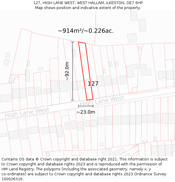 127, HIGH LANE WEST, WEST HALLAM, ILKESTON, DE7 6HP: Plot and title map