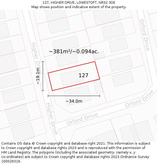 127, HIGHER DRIVE, LOWESTOFT, NR32 3DE: Plot and title map
