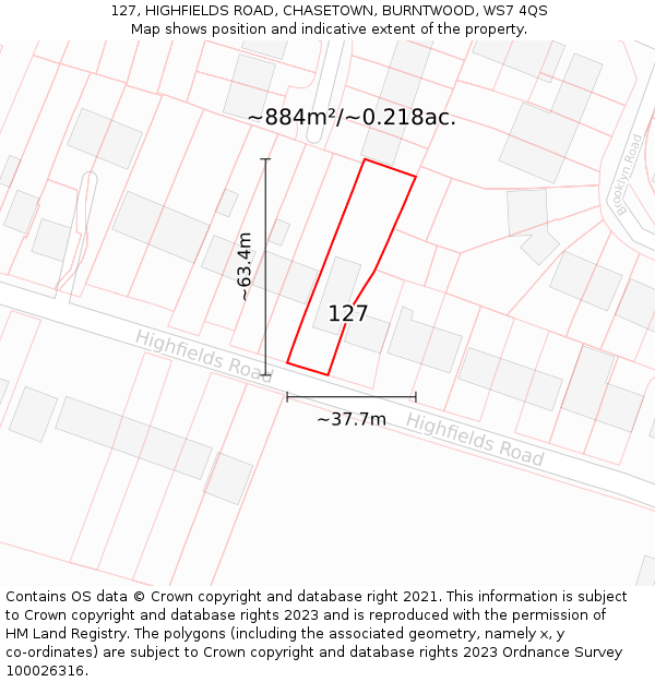 127, HIGHFIELDS ROAD, CHASETOWN, BURNTWOOD, WS7 4QS: Plot and title map