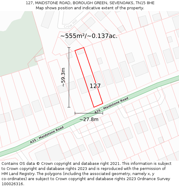 127, MAIDSTONE ROAD, BOROUGH GREEN, SEVENOAKS, TN15 8HE: Plot and title map