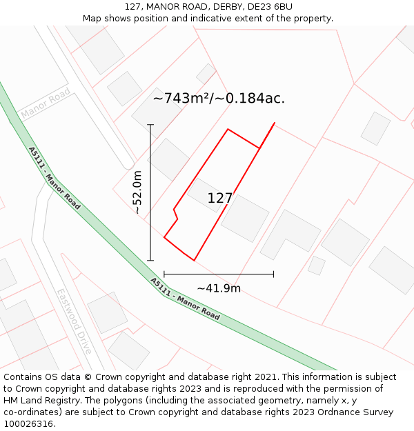 127, MANOR ROAD, DERBY, DE23 6BU: Plot and title map