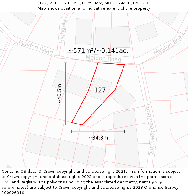 127, MELDON ROAD, HEYSHAM, MORECAMBE, LA3 2FG: Plot and title map