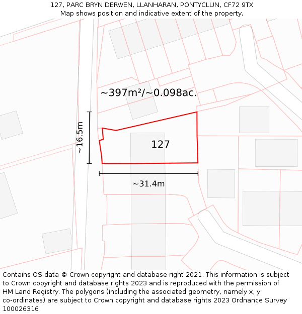 127, PARC BRYN DERWEN, LLANHARAN, PONTYCLUN, CF72 9TX: Plot and title map