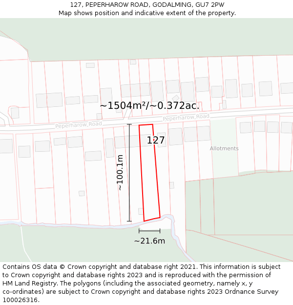 127, PEPERHAROW ROAD, GODALMING, GU7 2PW: Plot and title map