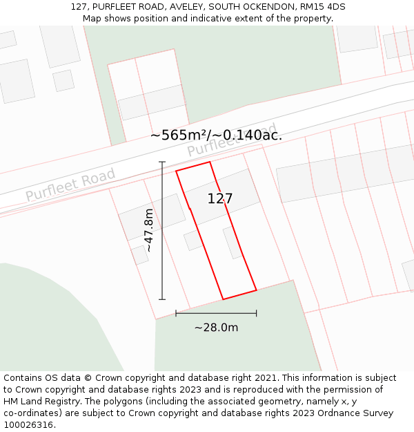 127, PURFLEET ROAD, AVELEY, SOUTH OCKENDON, RM15 4DS: Plot and title map