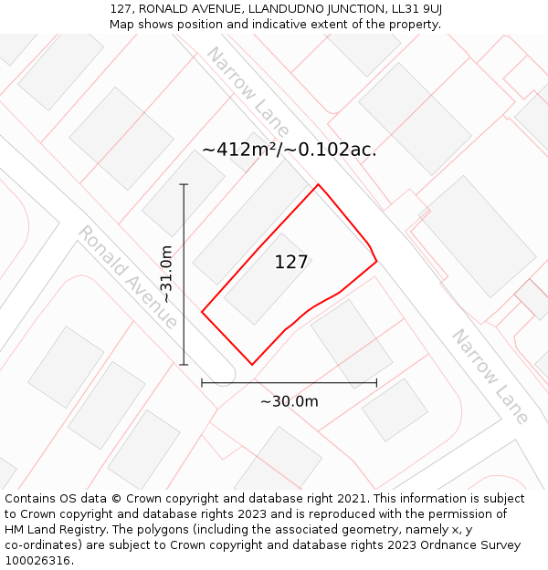 127, RONALD AVENUE, LLANDUDNO JUNCTION, LL31 9UJ: Plot and title map