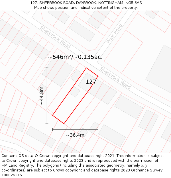127, SHERBROOK ROAD, DAYBROOK, NOTTINGHAM, NG5 6AS: Plot and title map