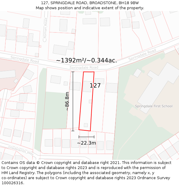127, SPRINGDALE ROAD, BROADSTONE, BH18 9BW: Plot and title map