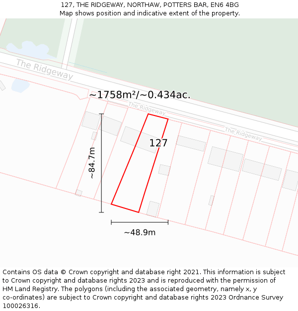127, THE RIDGEWAY, NORTHAW, POTTERS BAR, EN6 4BG: Plot and title map