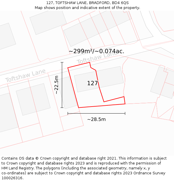 127, TOFTSHAW LANE, BRADFORD, BD4 6QS: Plot and title map