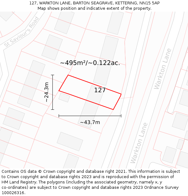 127, WARKTON LANE, BARTON SEAGRAVE, KETTERING, NN15 5AP: Plot and title map