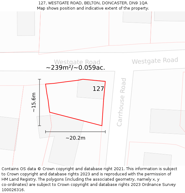 127, WESTGATE ROAD, BELTON, DONCASTER, DN9 1QA: Plot and title map