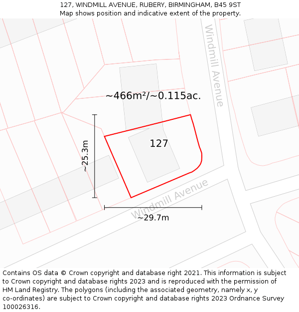 127, WINDMILL AVENUE, RUBERY, BIRMINGHAM, B45 9ST: Plot and title map