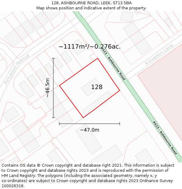 128, ASHBOURNE ROAD, LEEK, ST13 5BA: Plot and title map