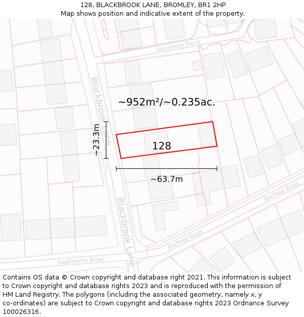 128, BLACKBROOK LANE, BROMLEY, BR1 2HP: Plot and title map
