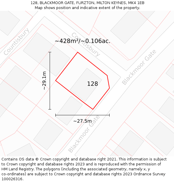 128, BLACKMOOR GATE, FURZTON, MILTON KEYNES, MK4 1EB: Plot and title map