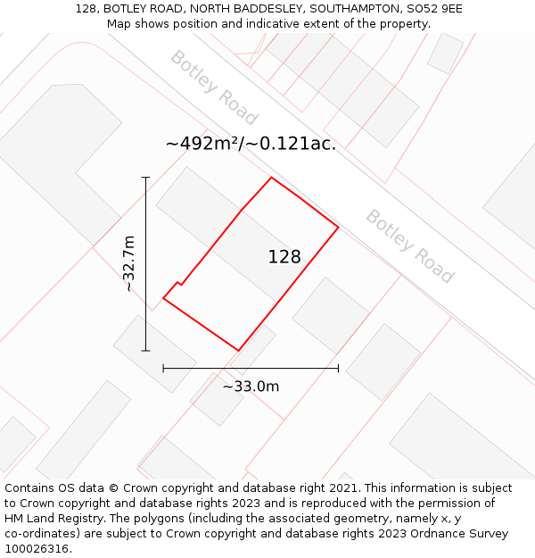 128, BOTLEY ROAD, NORTH BADDESLEY, SOUTHAMPTON, SO52 9EE: Plot and title map