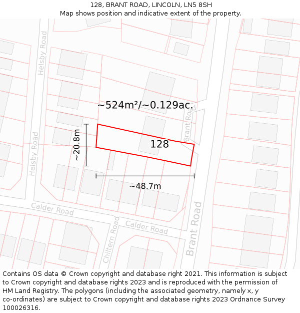 128, BRANT ROAD, LINCOLN, LN5 8SH: Plot and title map