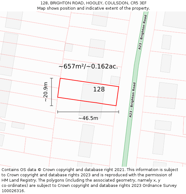 128, BRIGHTON ROAD, HOOLEY, COULSDON, CR5 3EF: Plot and title map