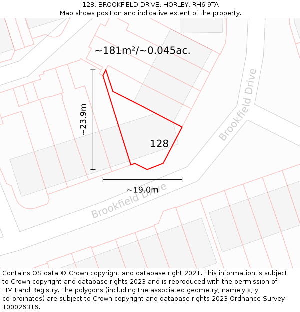 128, BROOKFIELD DRIVE, HORLEY, RH6 9TA: Plot and title map