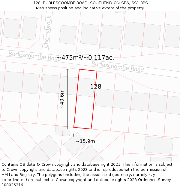 128, BURLESCOOMBE ROAD, SOUTHEND-ON-SEA, SS1 3PS: Plot and title map